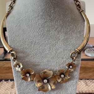 Vintage Bohm Signed Gold Tone Floral Bib Necklace With Clear Rhinestones